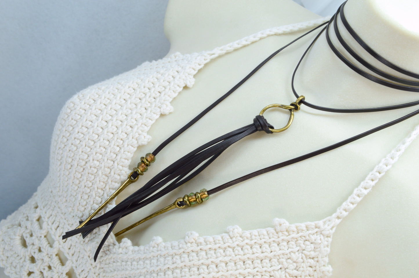 Long Leather Tassel Necklace – Boho Festival Jewelry with Vintage Brass & Glass Beads – Statement Wrap Necklace, Western Boho Rock Style