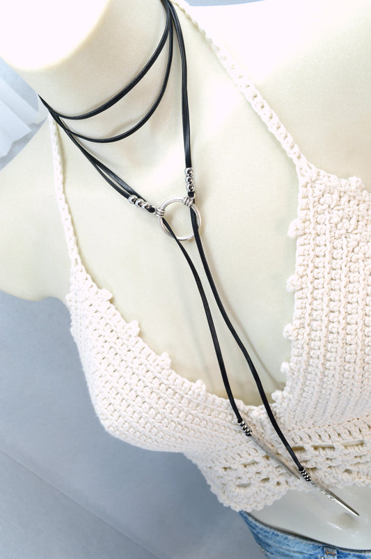 Black Leather Choker Necklace with Silver Ring – Adjustable Wrap, Boho Punk Gothic Minimalist Statement Jewelry, Unisex Trend Fall 2025