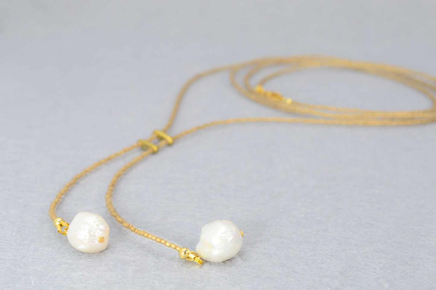 Boho Gold Beaded Lariat Necklace – Minimalist Wrap Y Necklace with Baroque Freshwater Pearls – Layered Handmade Jewelry