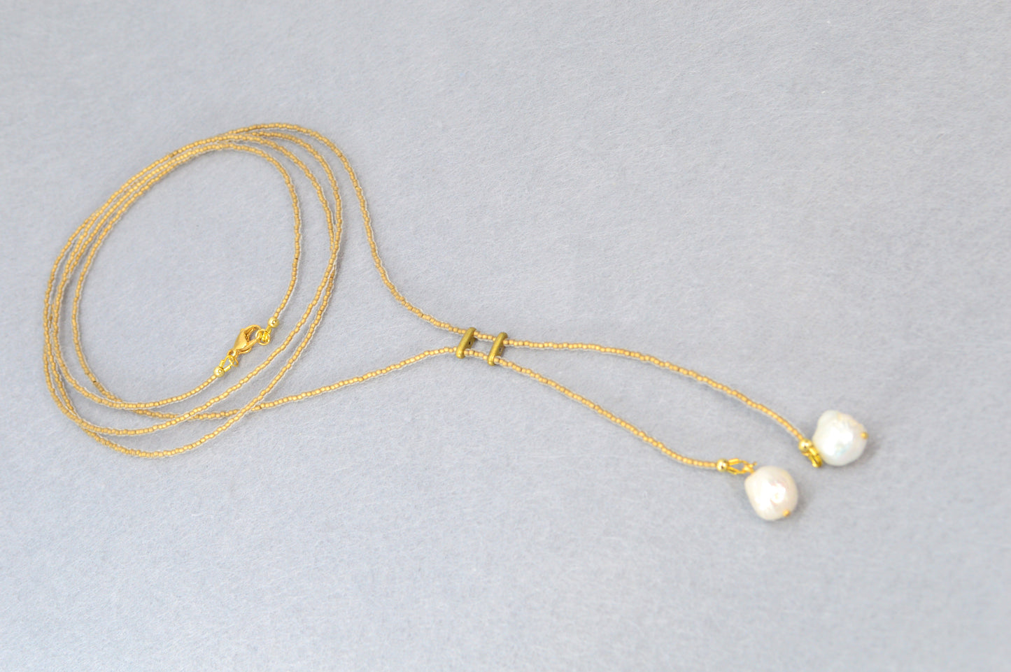 Boho Gold Beaded Lariat Necklace – Minimalist Wrap Y Necklace with Baroque Freshwater Pearls – Layered Handmade Jewelry