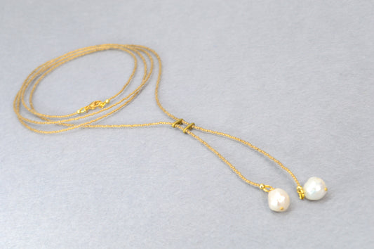 Boho Gold Beaded Lariat Necklace – Minimalist Wrap Y Necklace with Baroque Freshwater Pearls – Layered Handmade Jewelry