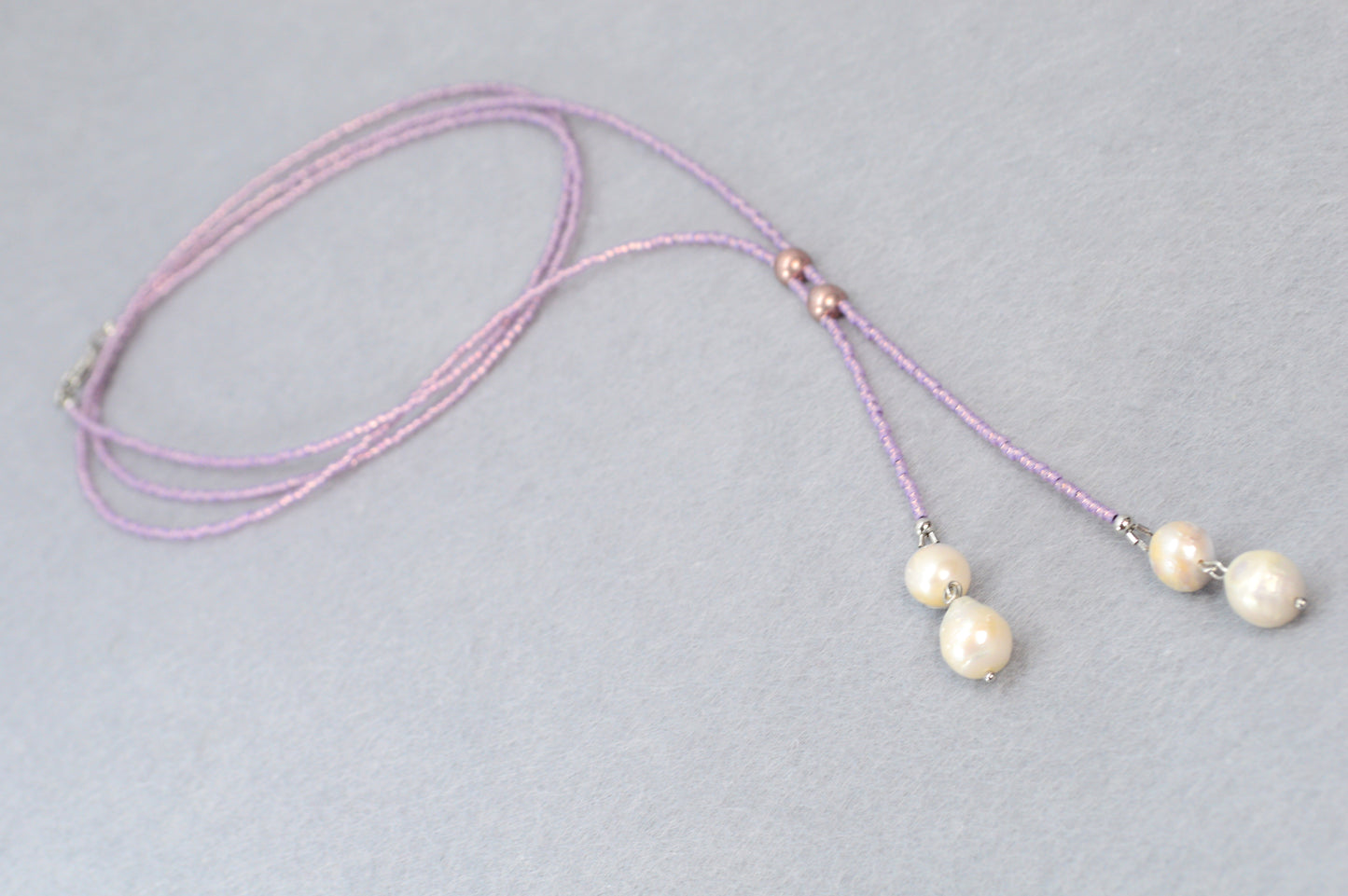 Boho Lilac Beaded Lariat Necklace – Handmade Wrap Y Necklace with Freshwater Pearls and Rose Accents – Feminine Layered Jewelry