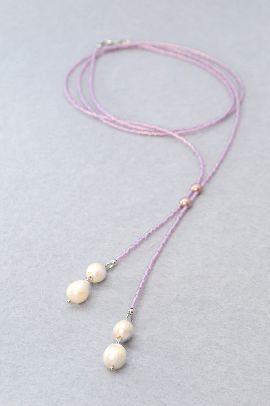 Boho Lilac Beaded Lariat Necklace – Handmade Wrap Y Necklace with Freshwater Pearls and Rose Accents – Feminine Layered Jewelry