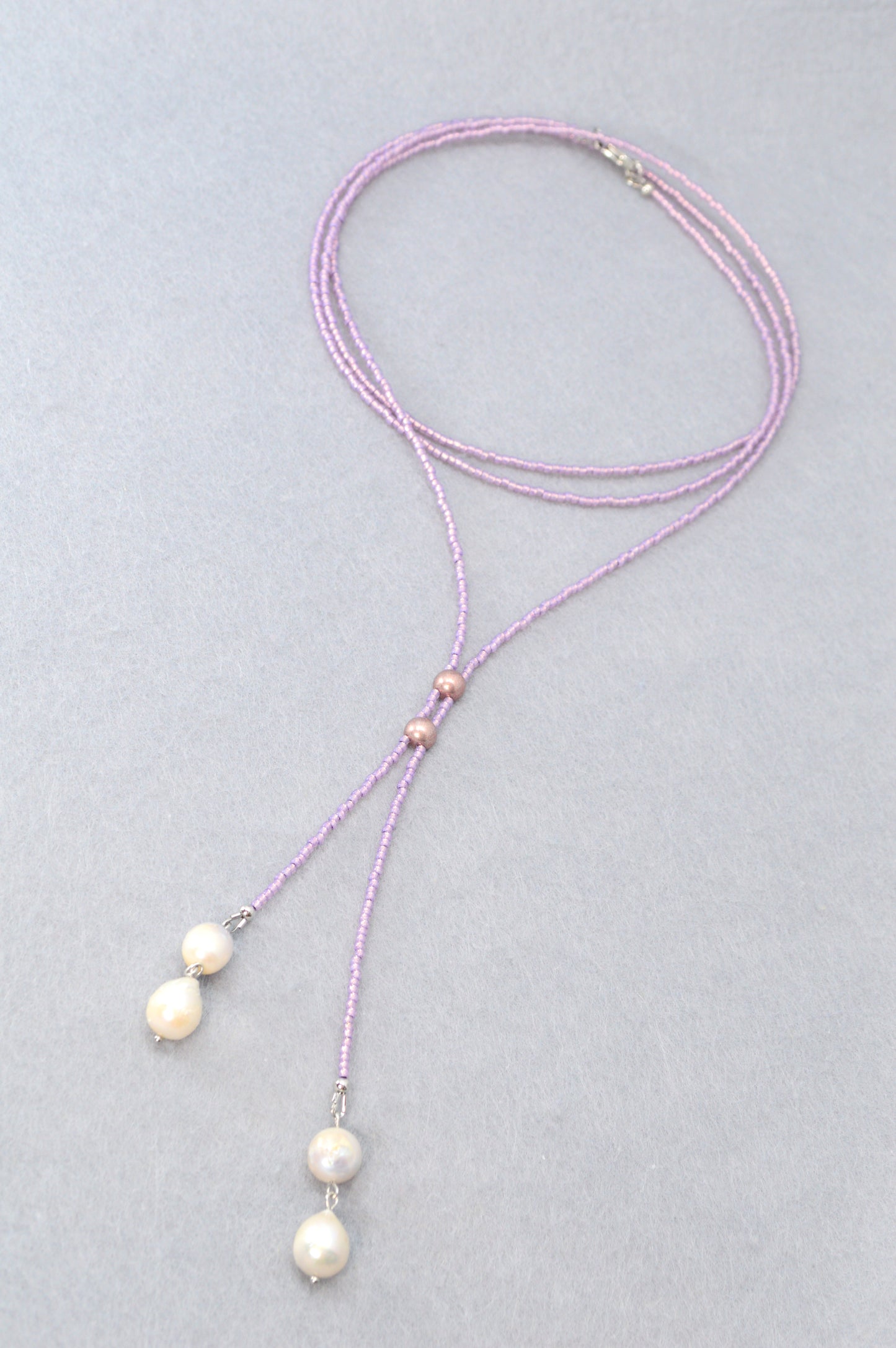 Boho Lilac Beaded Lariat Necklace – Handmade Wrap Y Necklace with Freshwater Pearls and Rose Accents – Feminine Layered Jewelry