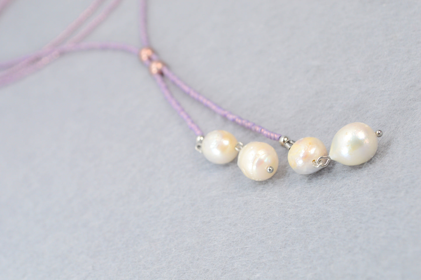 Boho Lilac Beaded Lariat Necklace – Handmade Wrap Y Necklace with Freshwater Pearls and Rose Accents – Feminine Layered Jewelry