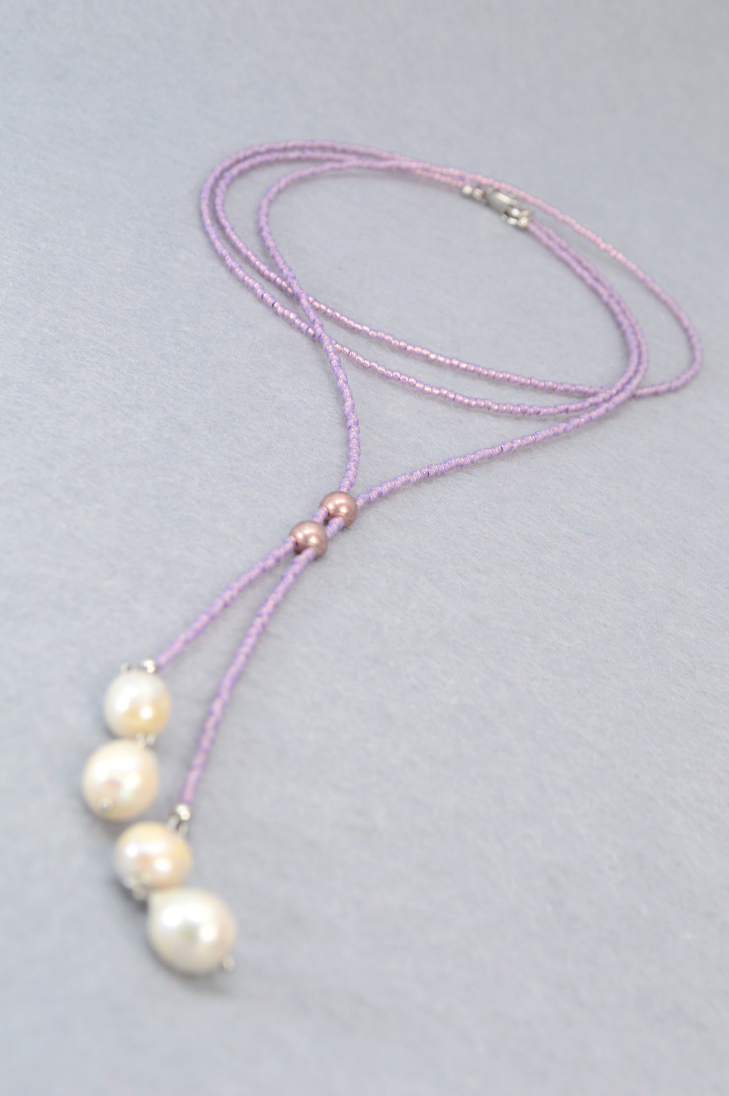Boho Lilac Beaded Lariat Necklace – Handmade Wrap Y Necklace with Freshwater Pearls and Rose Accents – Feminine Layered Jewelry