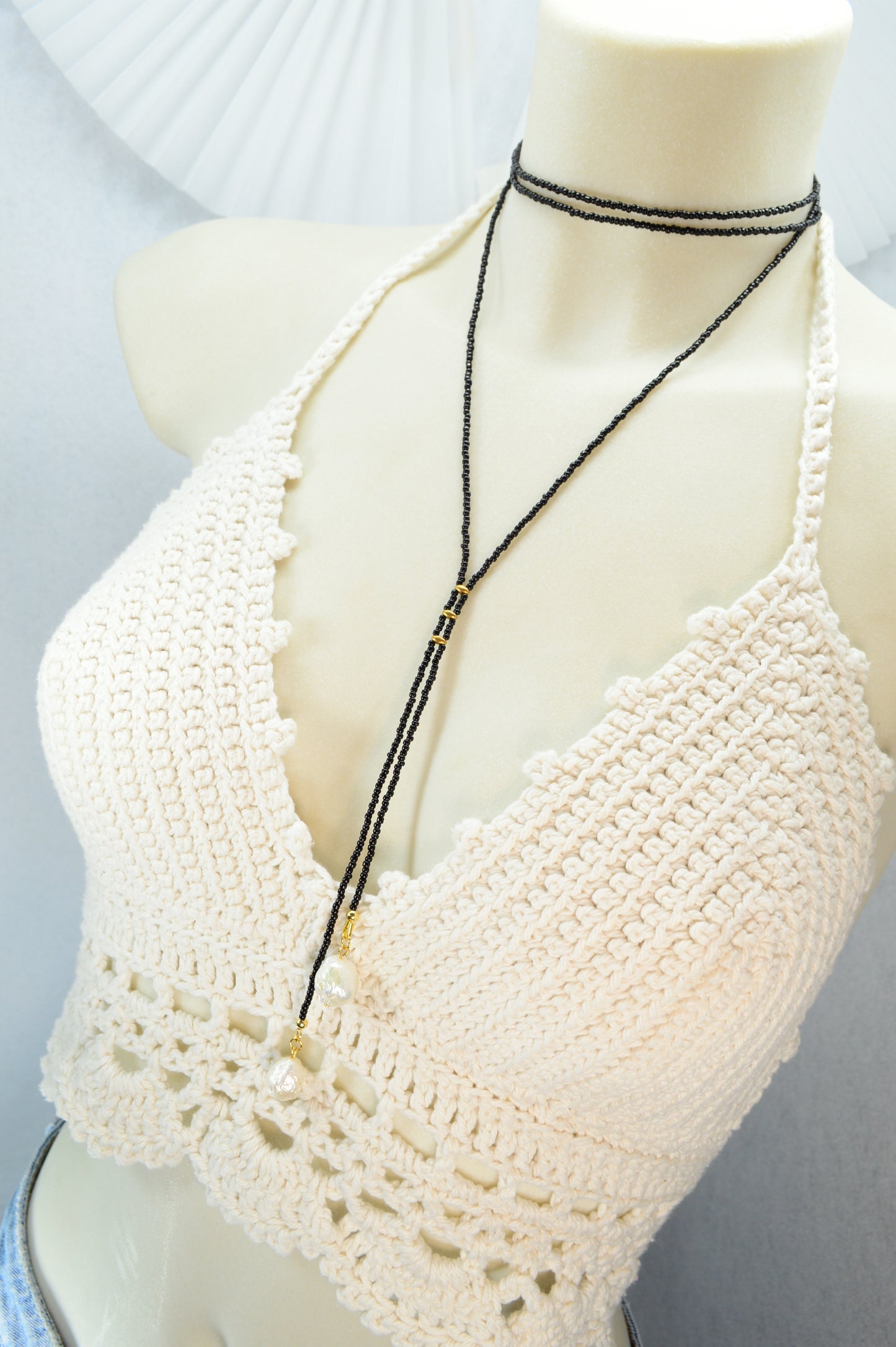 Boho Black Beaded Lariat Necklace – Handmade Wrap Y Necklace with Freshwater Pearls – Elegant Minimalist Jewelry