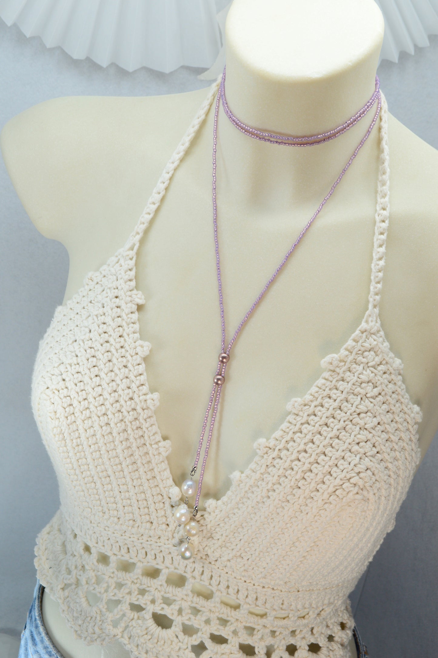 Boho Lilac Beaded Lariat Necklace – Handmade Wrap Y Necklace with Freshwater Pearls and Rose Accents – Feminine Layered Jewelry