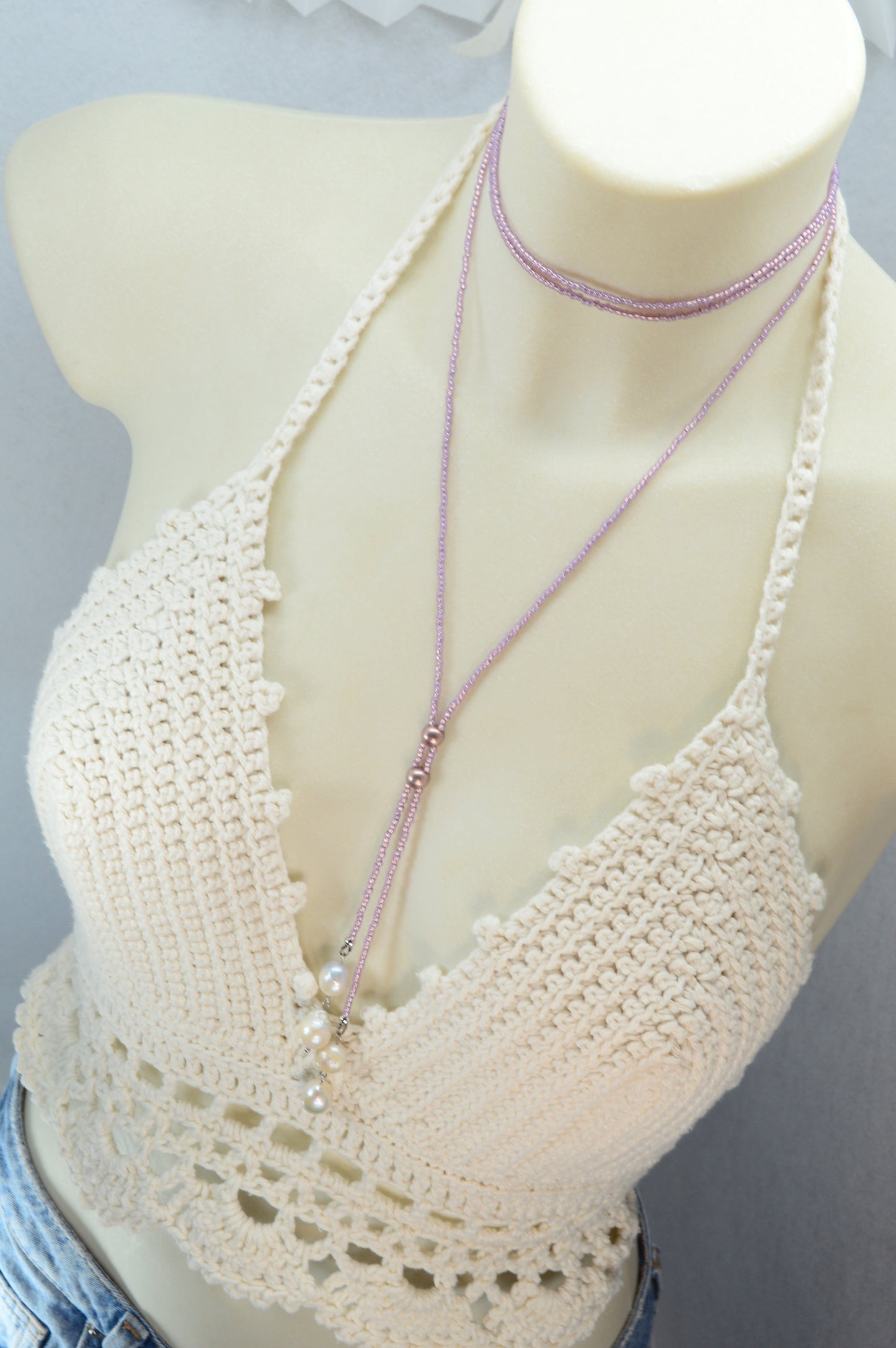 Boho Lilac Beaded Lariat Necklace – Handmade Wrap Y Necklace with Freshwater Pearls and Rose Accents – Feminine Layered Jewelry