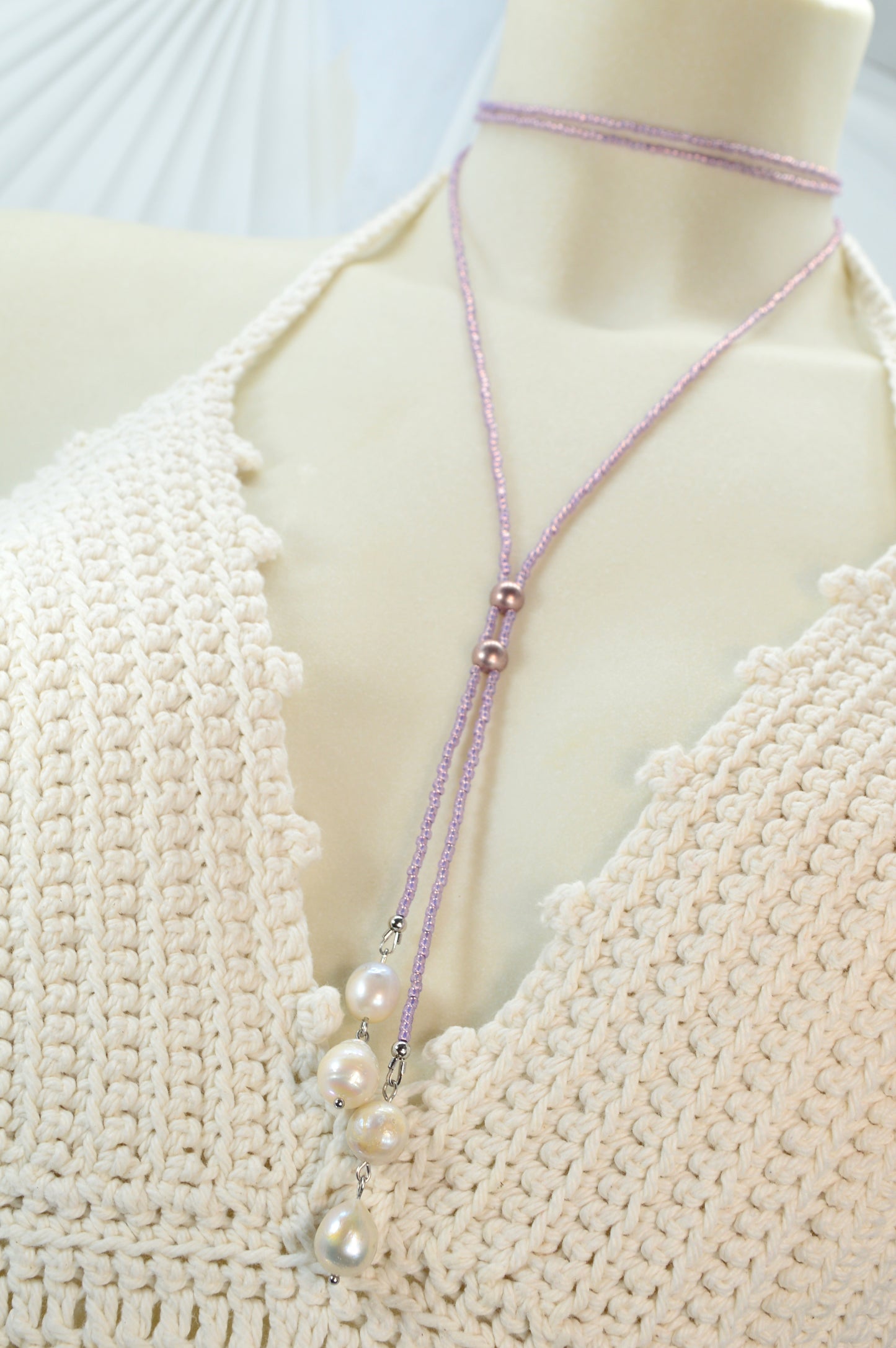 Boho Lilac Beaded Lariat Necklace – Handmade Wrap Y Necklace with Freshwater Pearls and Rose Accents – Feminine Layered Jewelry
