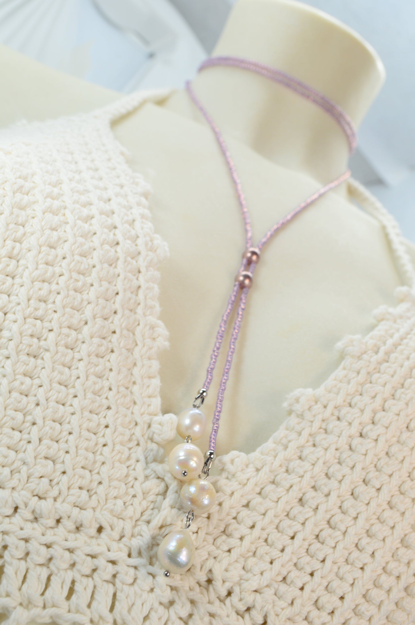Boho Lilac Beaded Lariat Necklace – Handmade Wrap Y Necklace with Freshwater Pearls and Rose Accents – Feminine Layered Jewelry