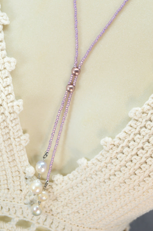 Boho Lilac Beaded Lariat Necklace – Handmade Wrap Y Necklace with Freshwater Pearls and Rose Accents – Feminine Layered Jewelry