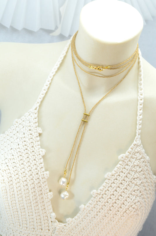 Boho Gold Beaded Lariat Necklace – Minimalist Wrap Y Necklace with Baroque Freshwater Pearls – Layered Handmade Jewelry