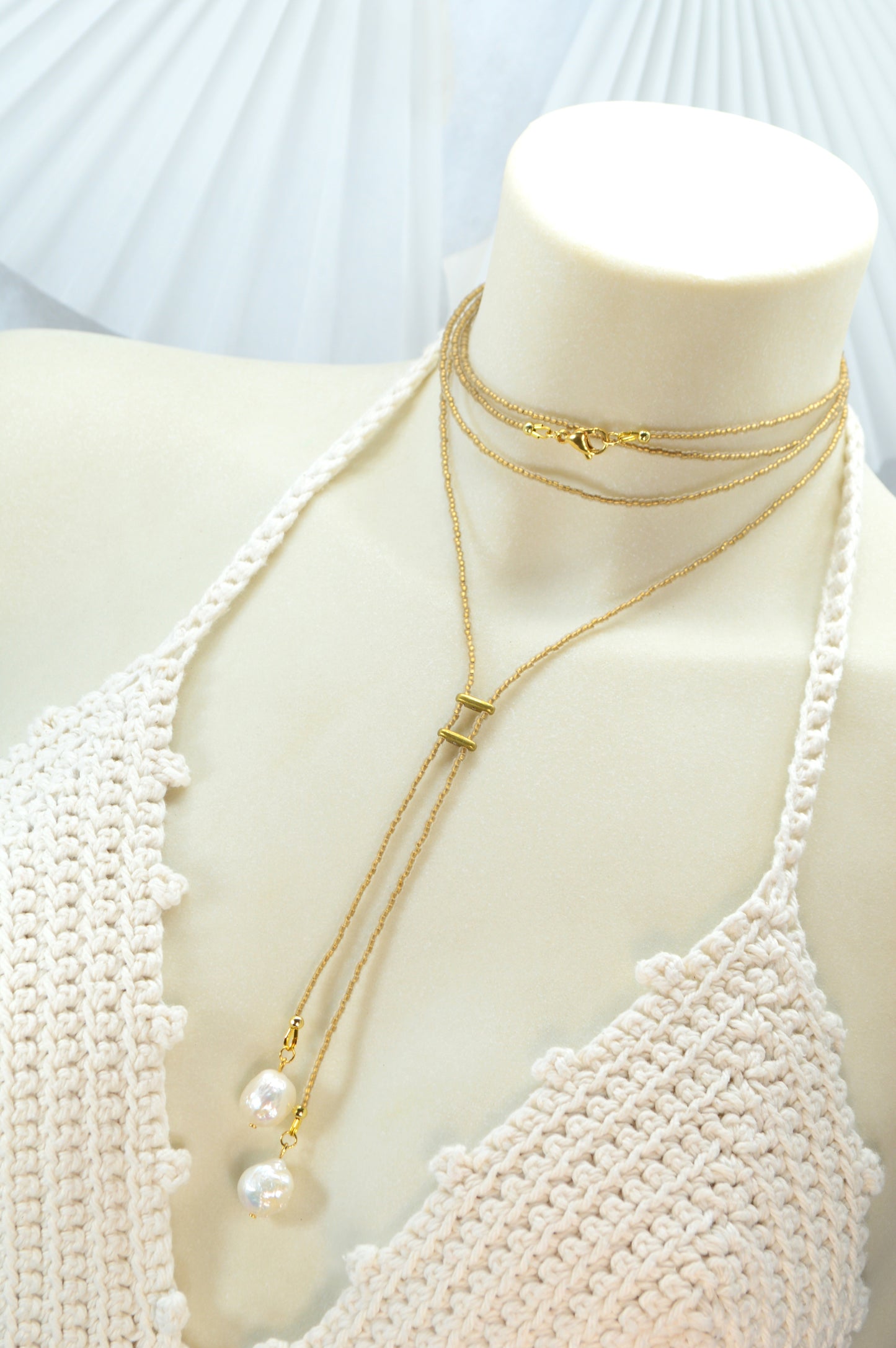 Boho Gold Beaded Lariat Necklace – Minimalist Wrap Y Necklace with Baroque Freshwater Pearls – Layered Handmade Jewelry