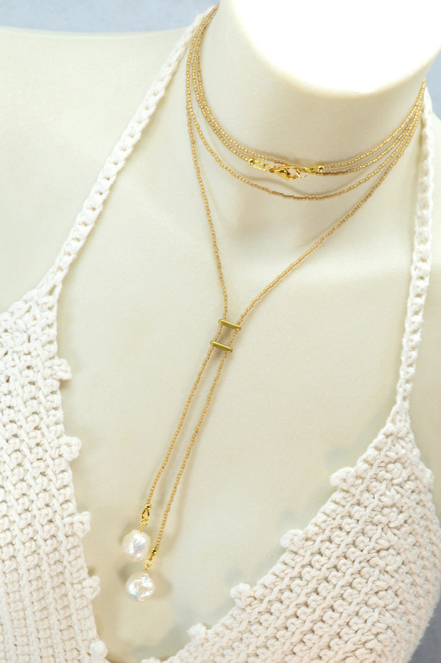 Boho Gold Beaded Lariat Necklace – Minimalist Wrap Y Necklace with Baroque Freshwater Pearls – Layered Handmade Jewelry