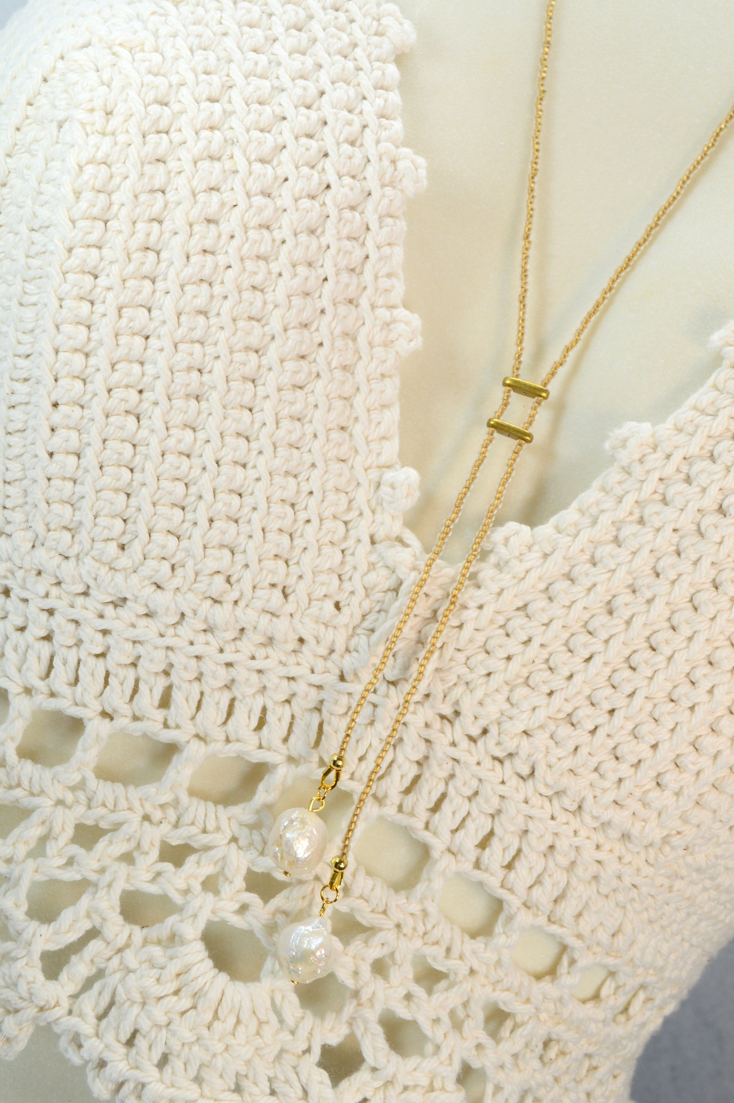 Boho Gold Beaded Lariat Necklace – Minimalist Wrap Y Necklace with Baroque Freshwater Pearls – Layered Handmade Jewelry