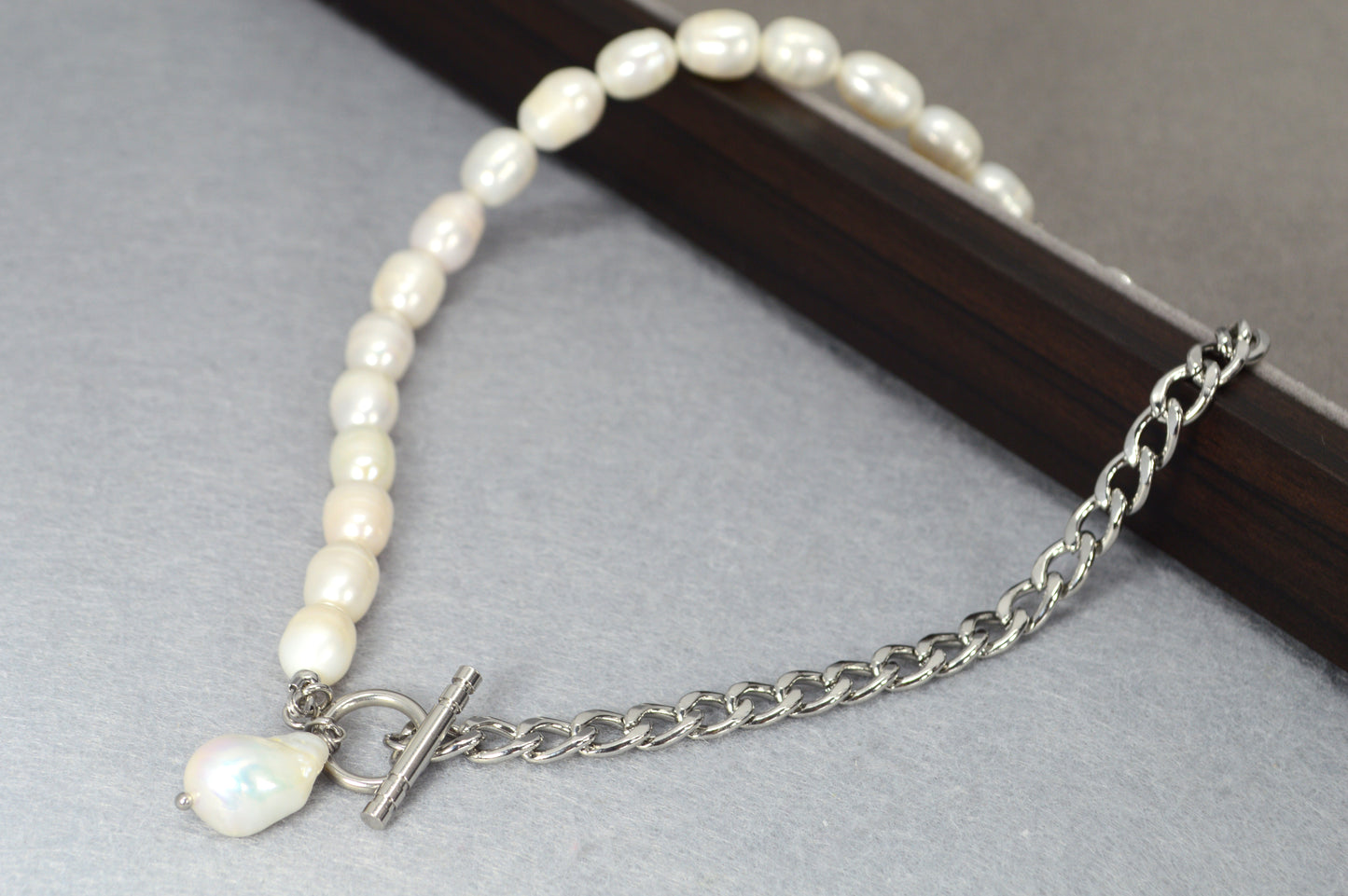 Half Pearl Half Chain Necklace | Asymmetrical Baroque Pearl Pendant | Stainless Steel & Freshwater Pearls