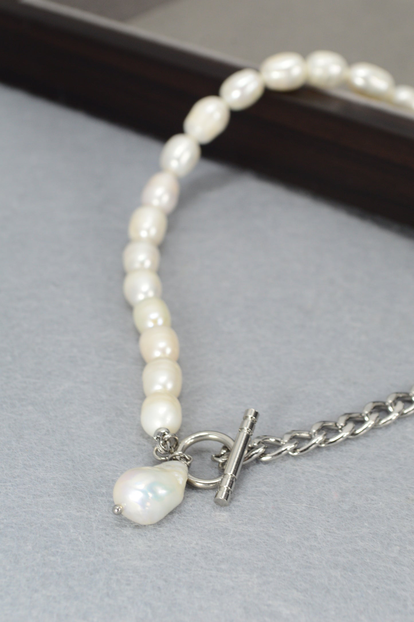 Half Pearl Half Chain Necklace | Asymmetrical Baroque Pearl Pendant | Stainless Steel & Freshwater Pearls