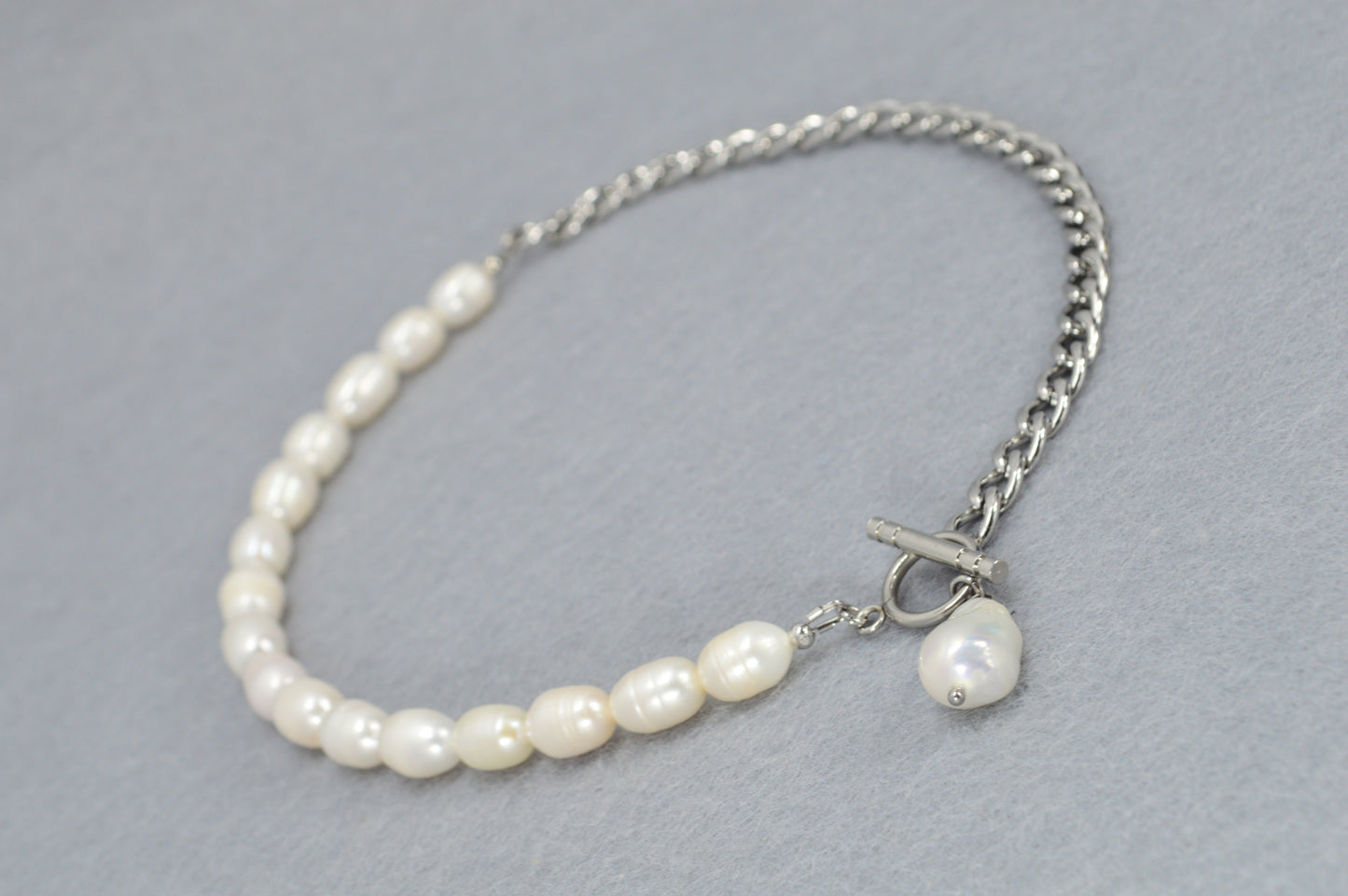 Half Pearl Half Chain Necklace | Asymmetrical Baroque Pearl Pendant | Stainless Steel & Freshwater Pearls