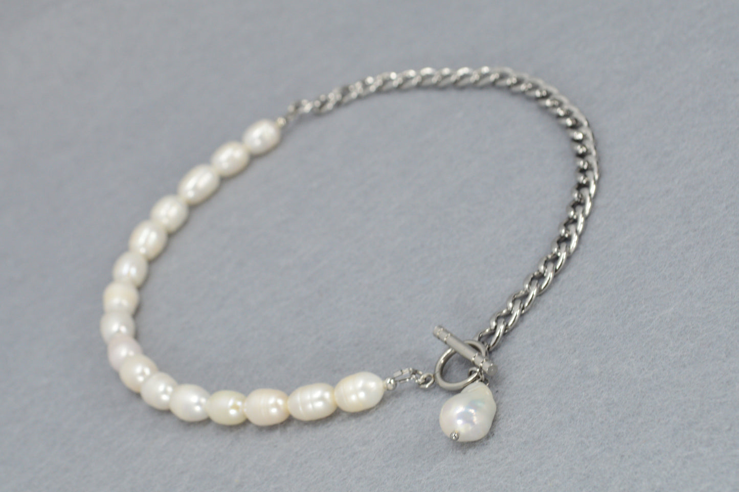 Half Pearl Half Chain Necklace | Asymmetrical Baroque Pearl Pendant | Stainless Steel & Freshwater Pearls