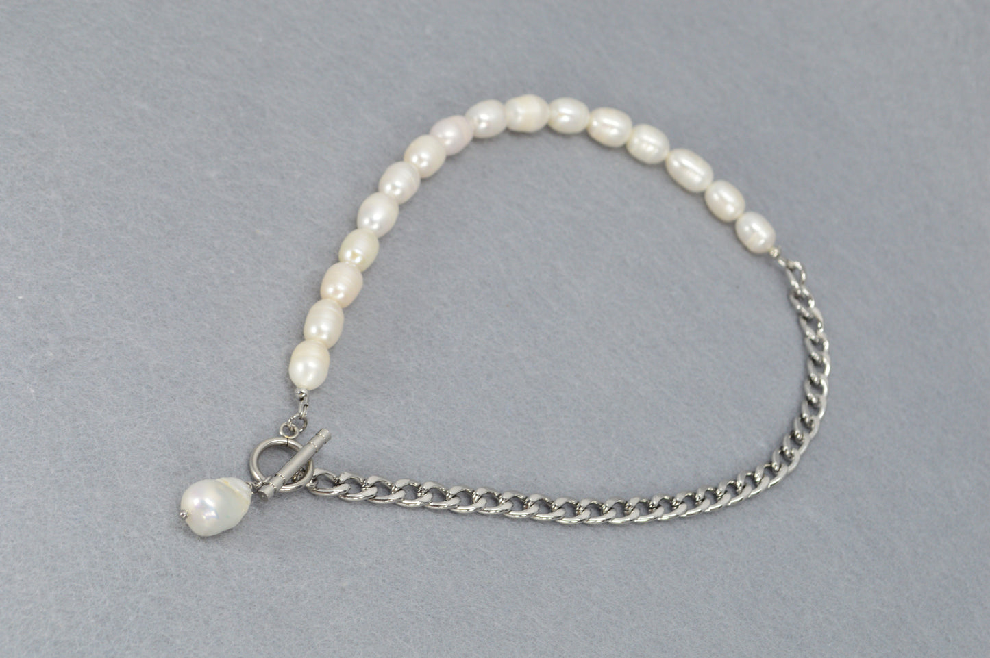 Half Pearl Half Chain Necklace | Asymmetrical Baroque Pearl Pendant | Stainless Steel & Freshwater Pearls
