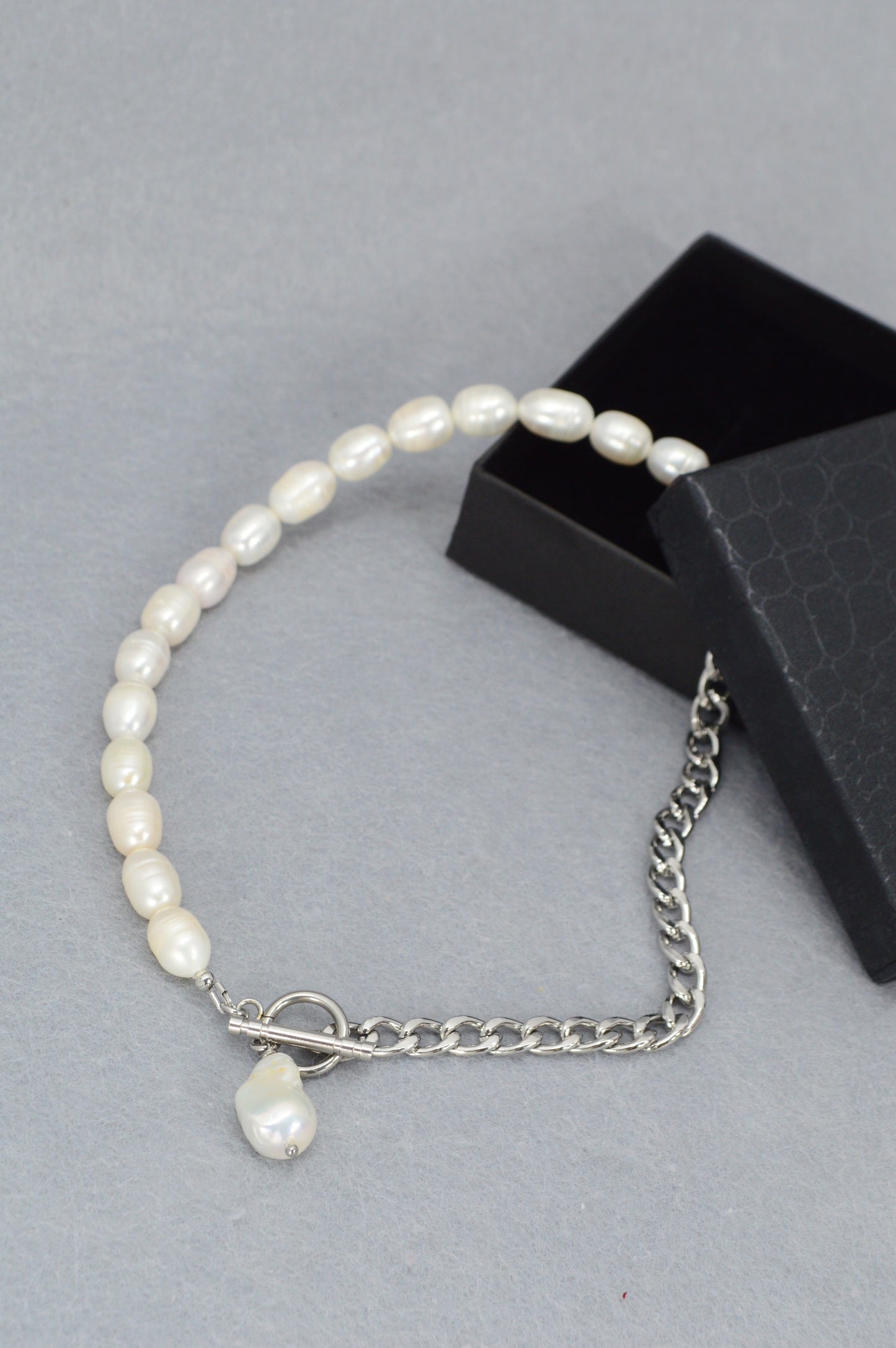 Half Pearl Half Chain Necklace | Asymmetrical Baroque Pearl Pendant | Stainless Steel & Freshwater Pearls