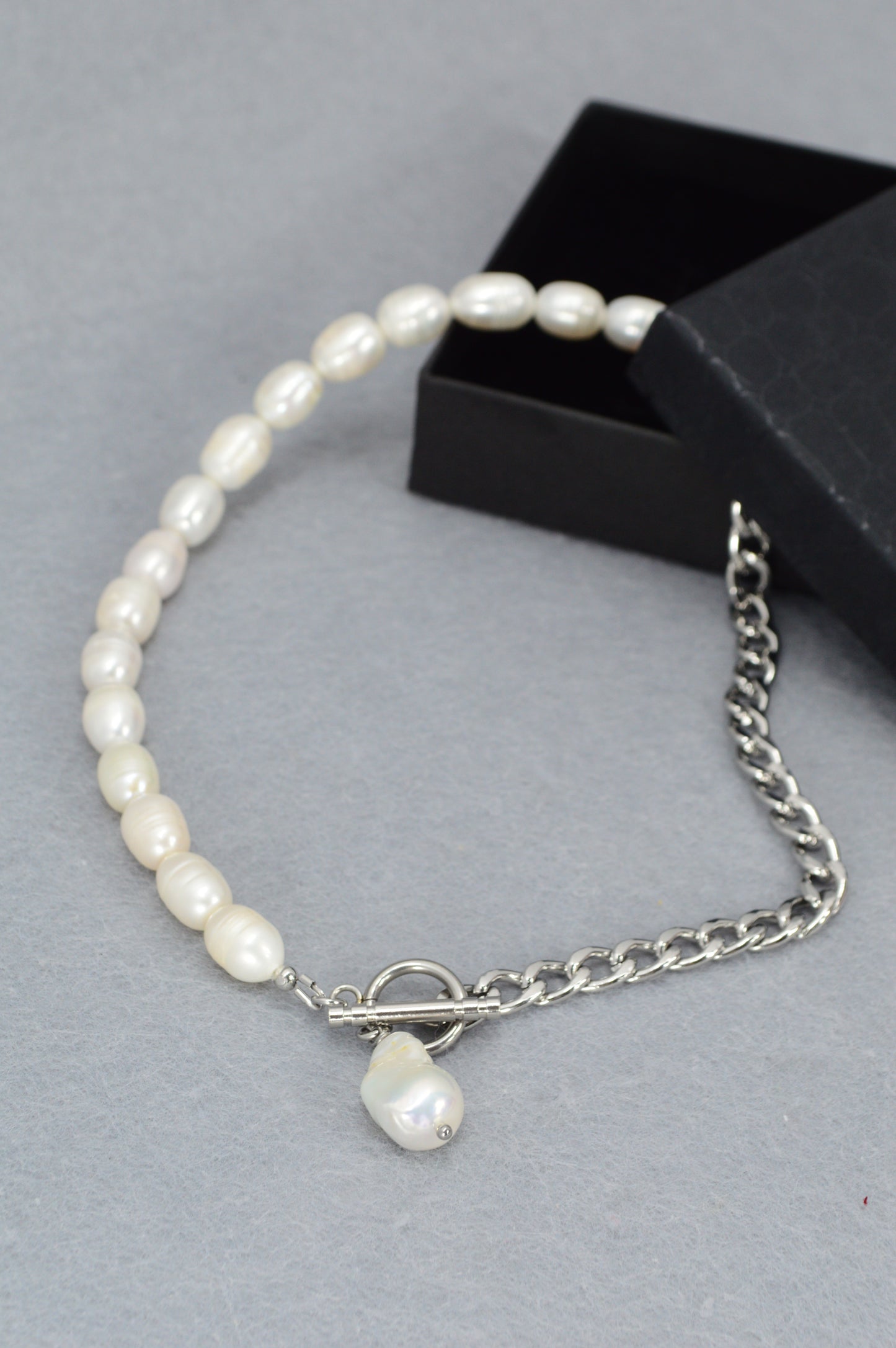 Half Pearl Half Chain Necklace | Asymmetrical Baroque Pearl Pendant | Stainless Steel & Freshwater Pearls