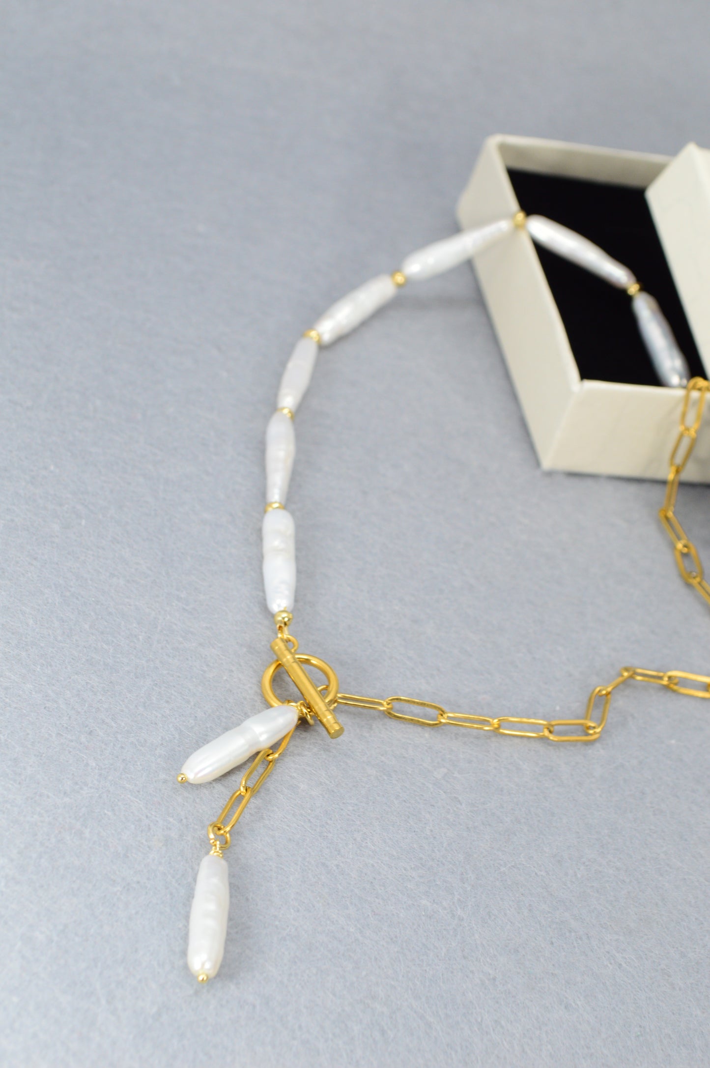 Gold Asymmetrical Pearl Necklace | Stainless Steel & Freshwater Stick Pearls | Modern Baroque Style