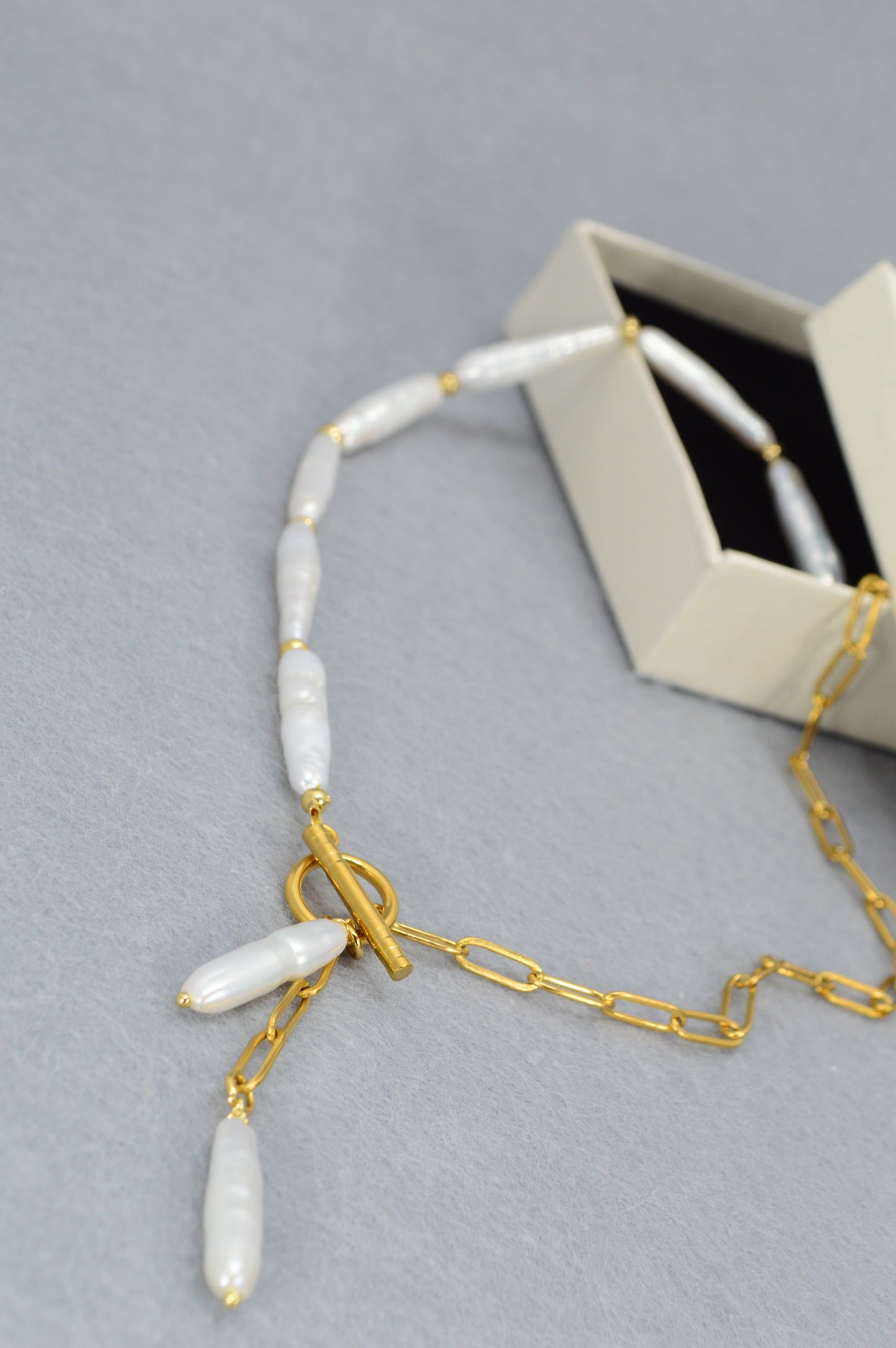Gold Asymmetrical Pearl Necklace | Stainless Steel & Freshwater Stick Pearls | Modern Baroque Style