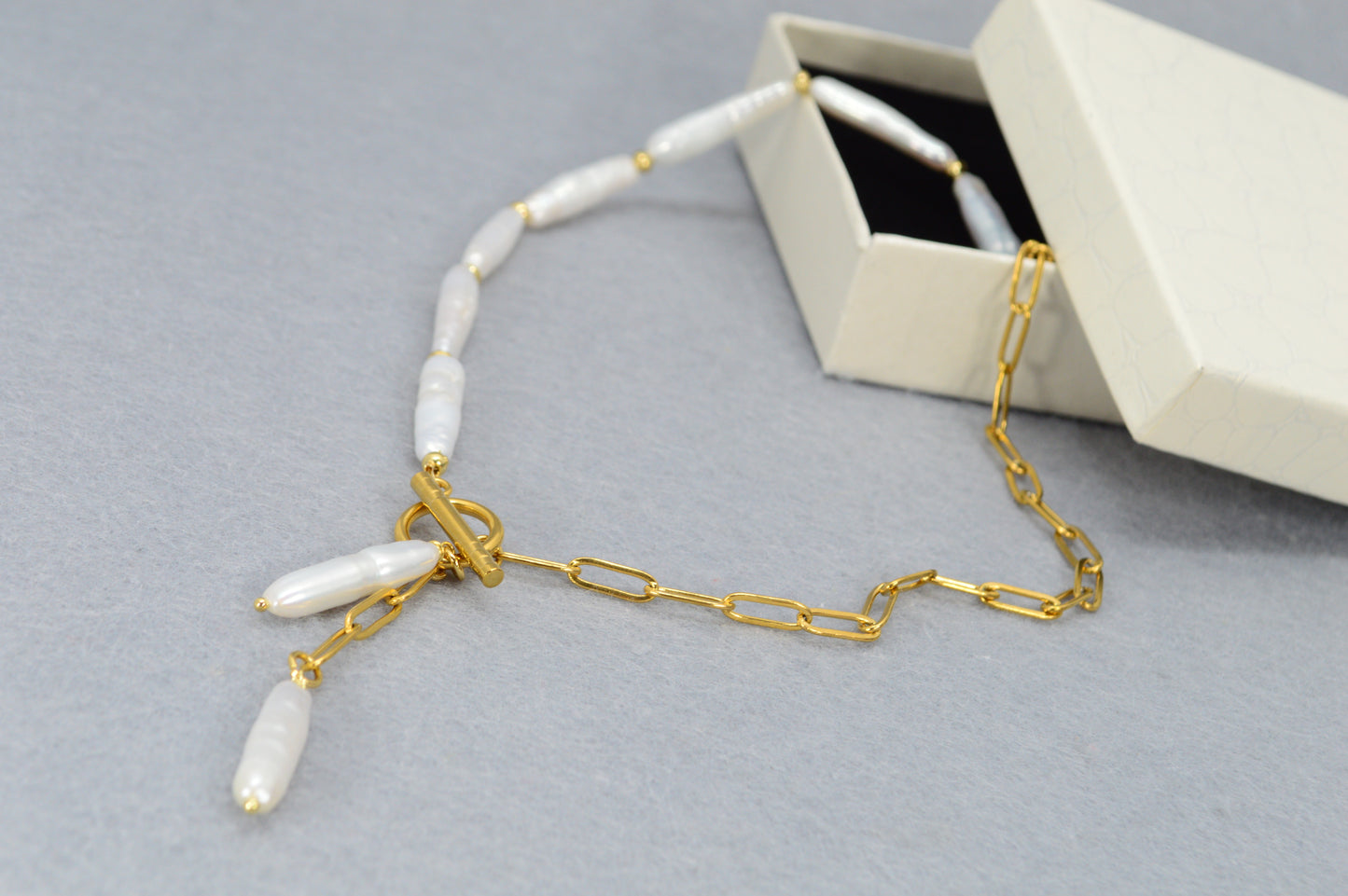 Gold Asymmetrical Pearl Necklace | Stainless Steel & Freshwater Stick Pearls | Modern Baroque Style