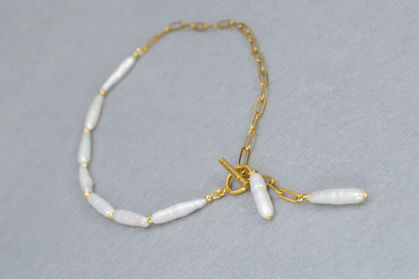 Gold Asymmetrical Pearl Necklace | Stainless Steel & Freshwater Stick Pearls | Modern Baroque Style