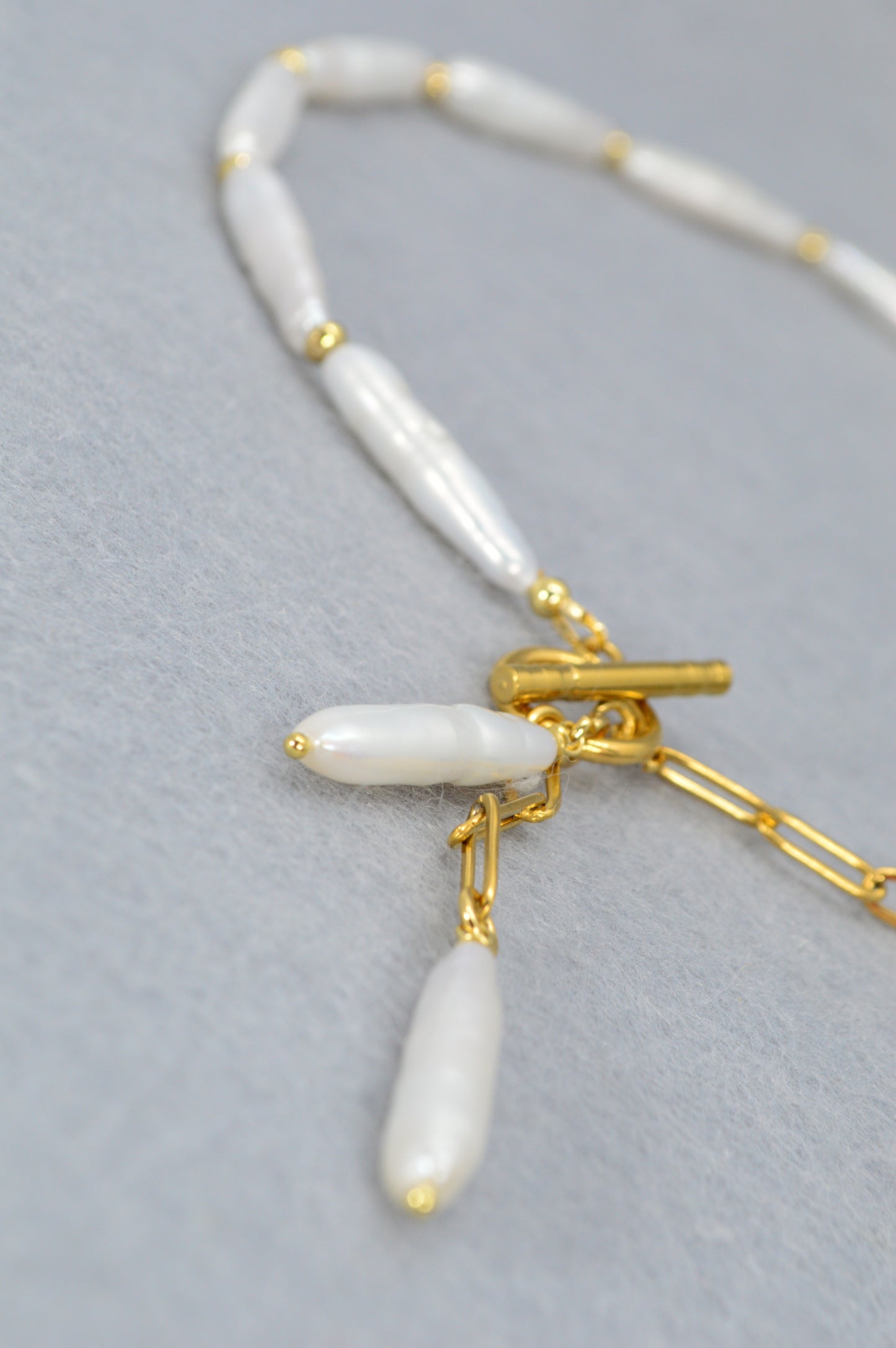 Gold Asymmetrical Pearl Necklace | Stainless Steel & Freshwater Stick Pearls | Modern Baroque Style