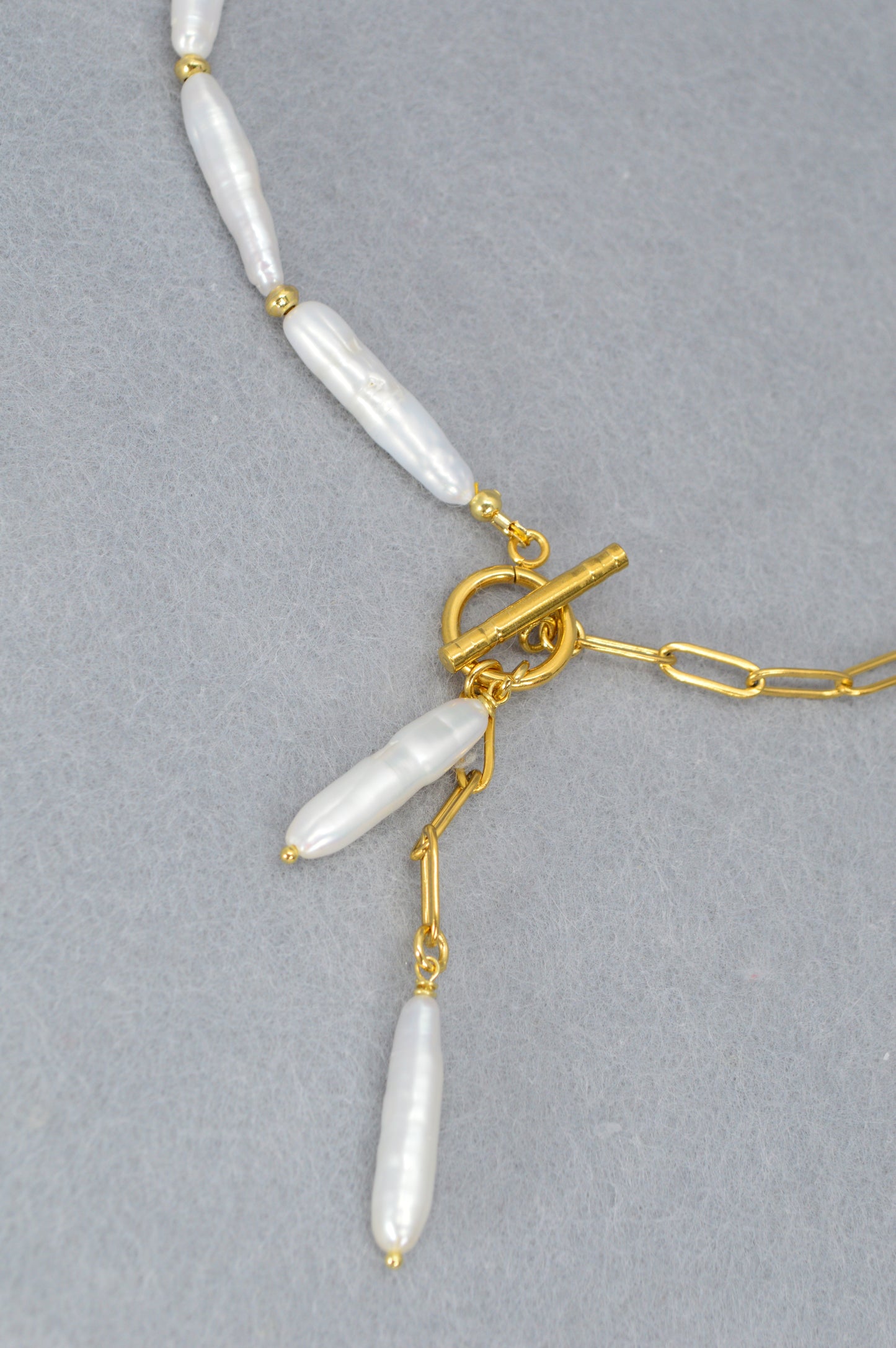 Gold Asymmetrical Pearl Necklace | Stainless Steel & Freshwater Stick Pearls | Modern Baroque Style