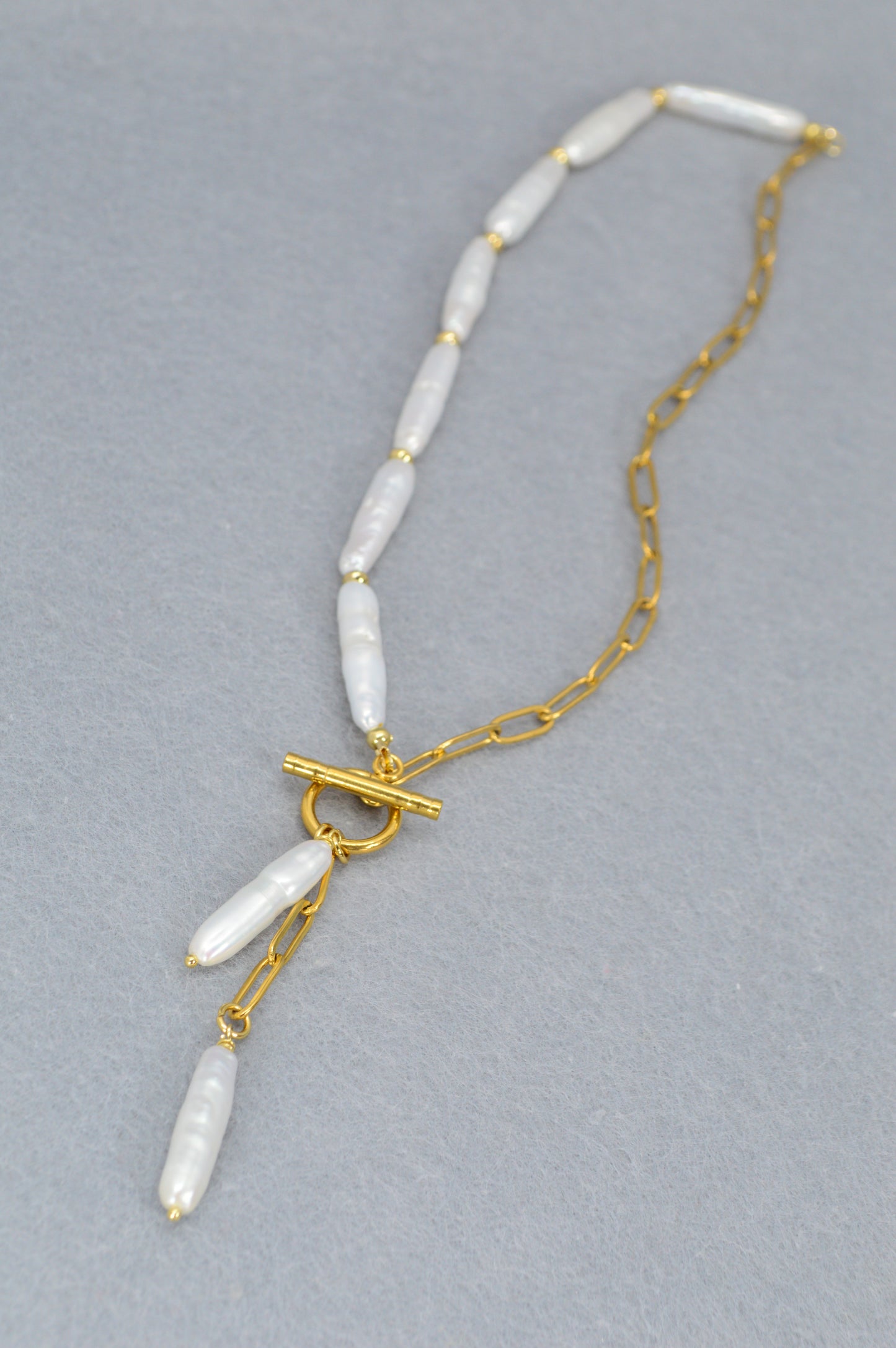 Gold Asymmetrical Pearl Necklace | Stainless Steel & Freshwater Stick Pearls | Modern Baroque Style