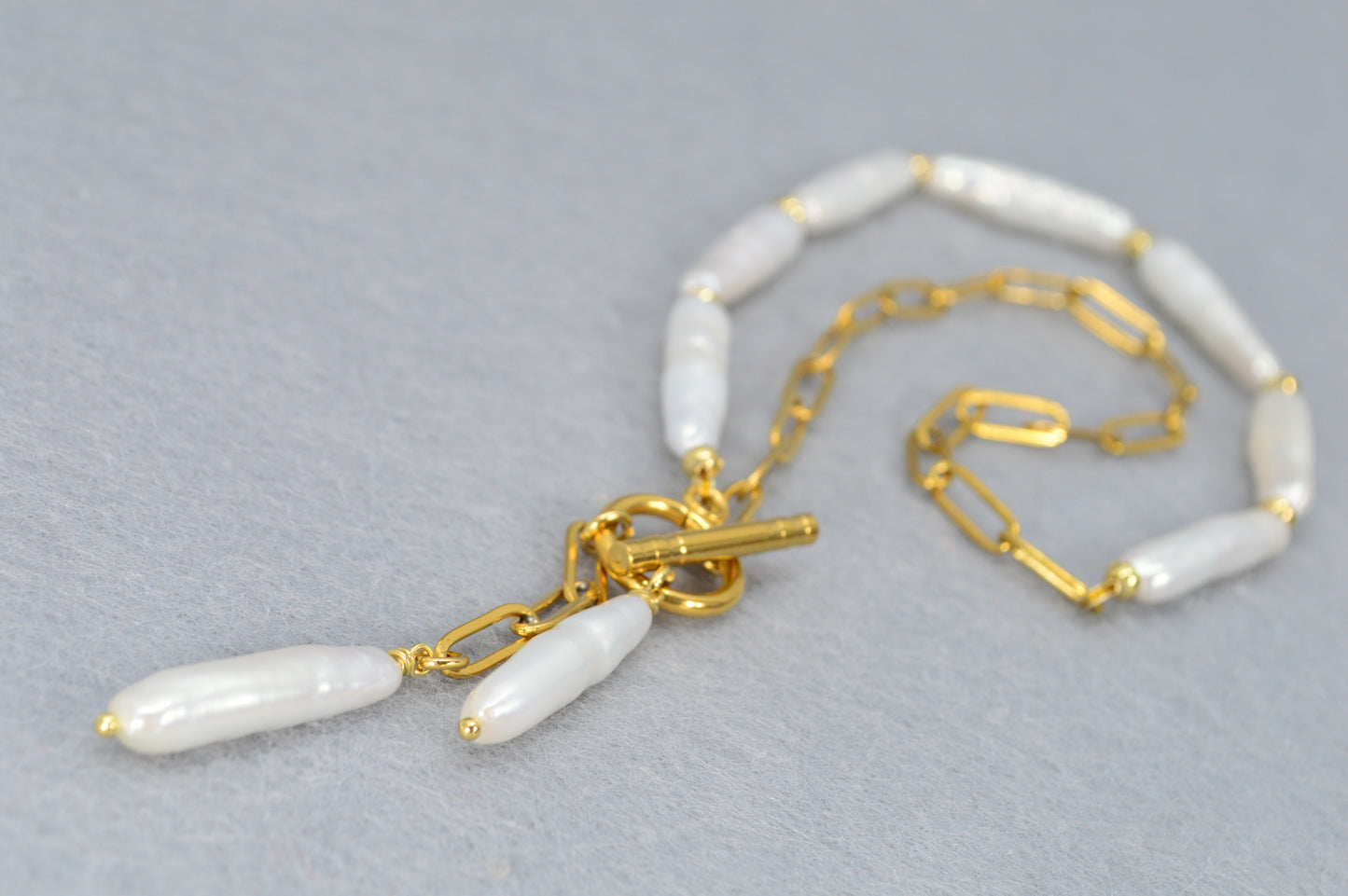 Gold Asymmetrical Pearl Necklace | Stainless Steel & Freshwater Stick Pearls | Modern Baroque Style
