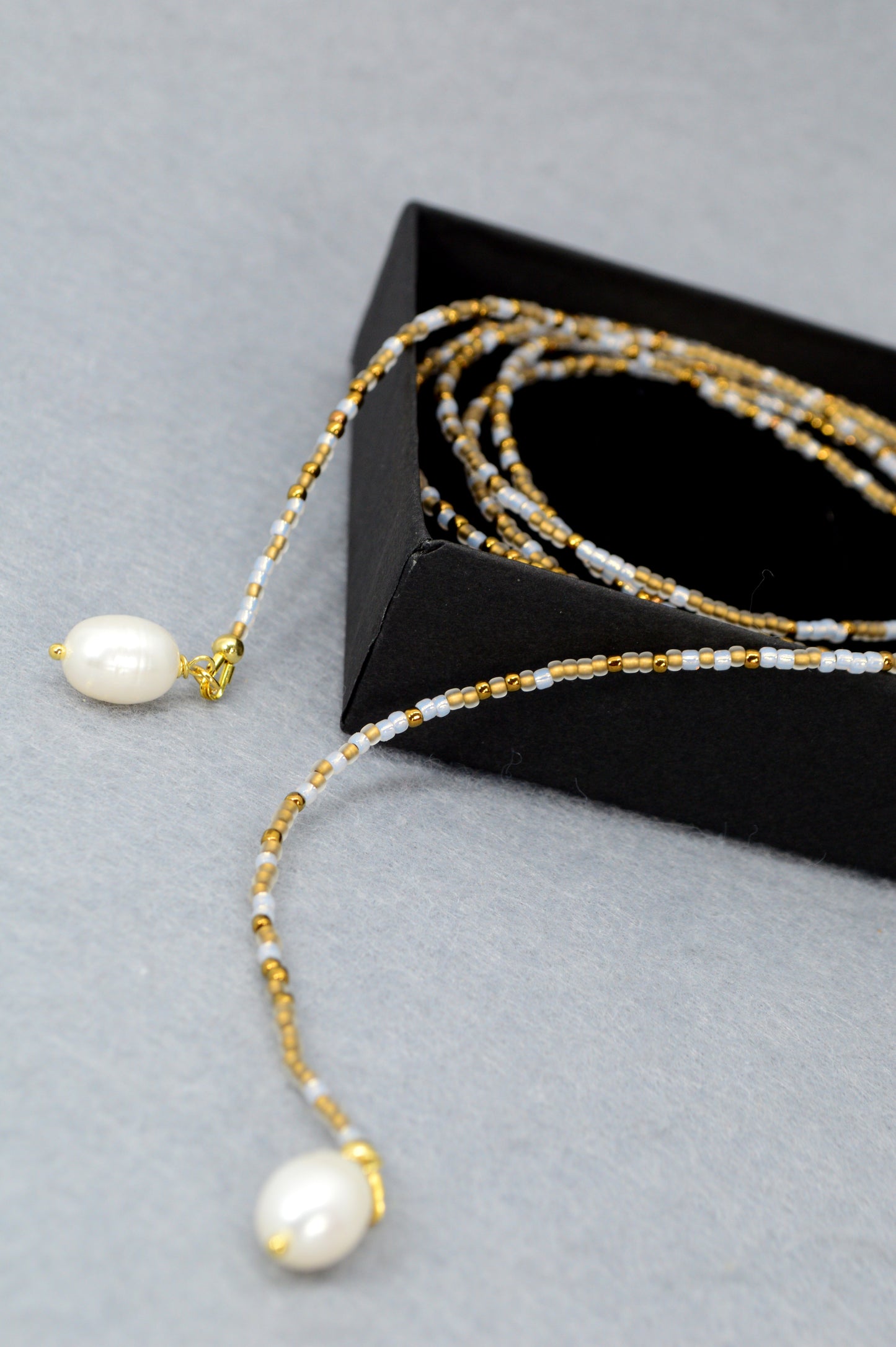 Boho Pearl Beaded Lariat Necklace – 45" Wrap Y Necklace with Pearls – Blue, Black, or Gold
