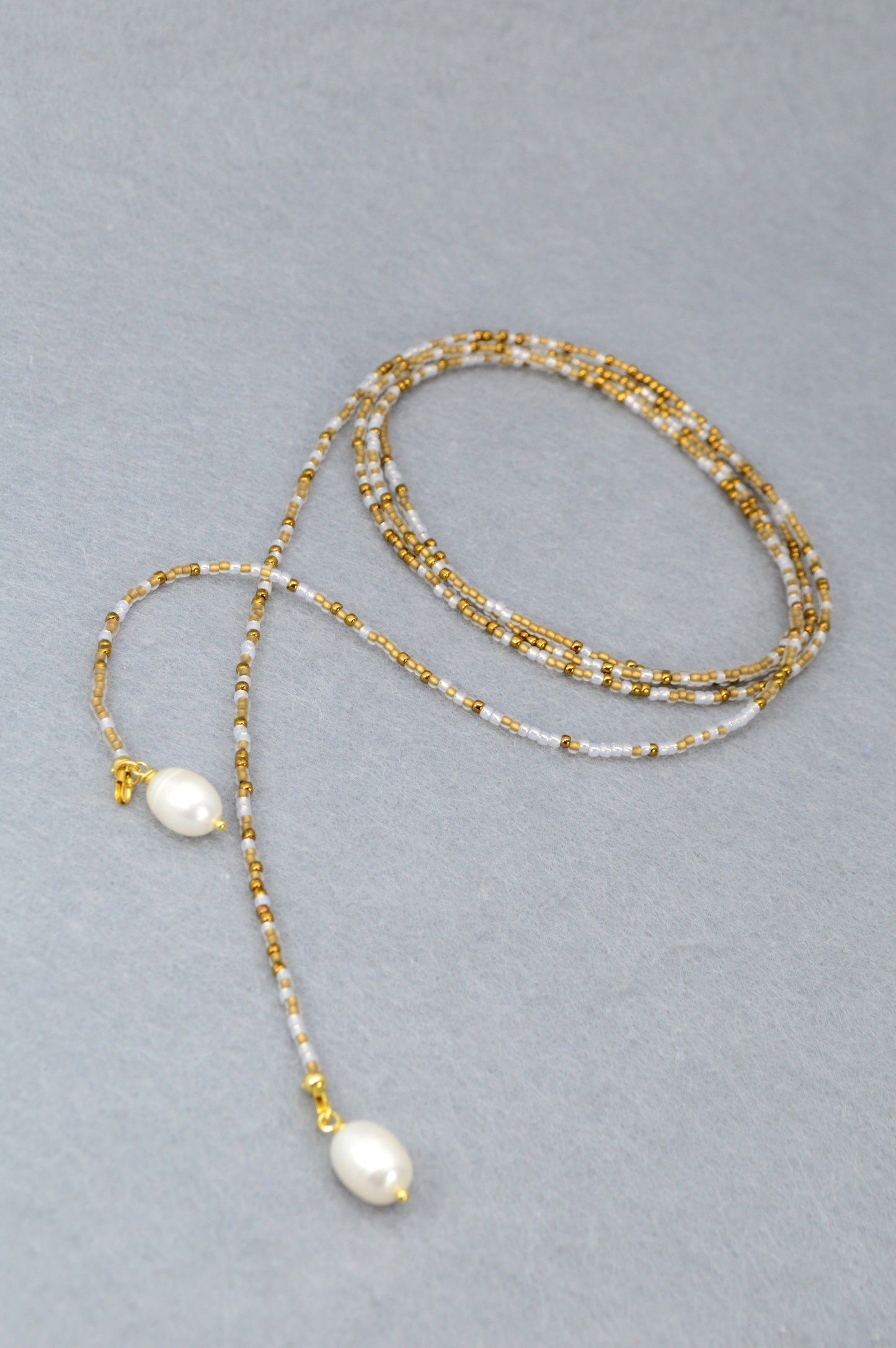 Boho Pearl Beaded Lariat Necklace – 45" Wrap Y Necklace with Pearls – Blue, Black, or Gold