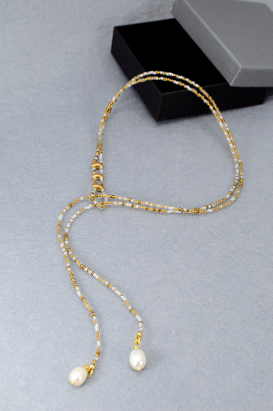 Boho White & Gold Beaded Lariat Necklace with Pearls – 38" Wrap Y Necklace