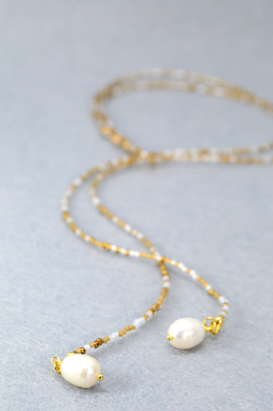 Boho White & Gold Beaded Lariat Necklace with Pearls – 38" Wrap Y Necklace
