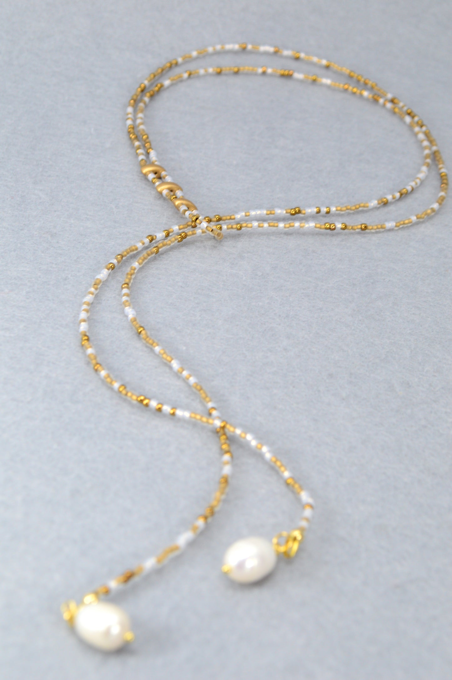 Boho White & Gold Beaded Lariat Necklace with Pearls – 38" Wrap Y Necklace