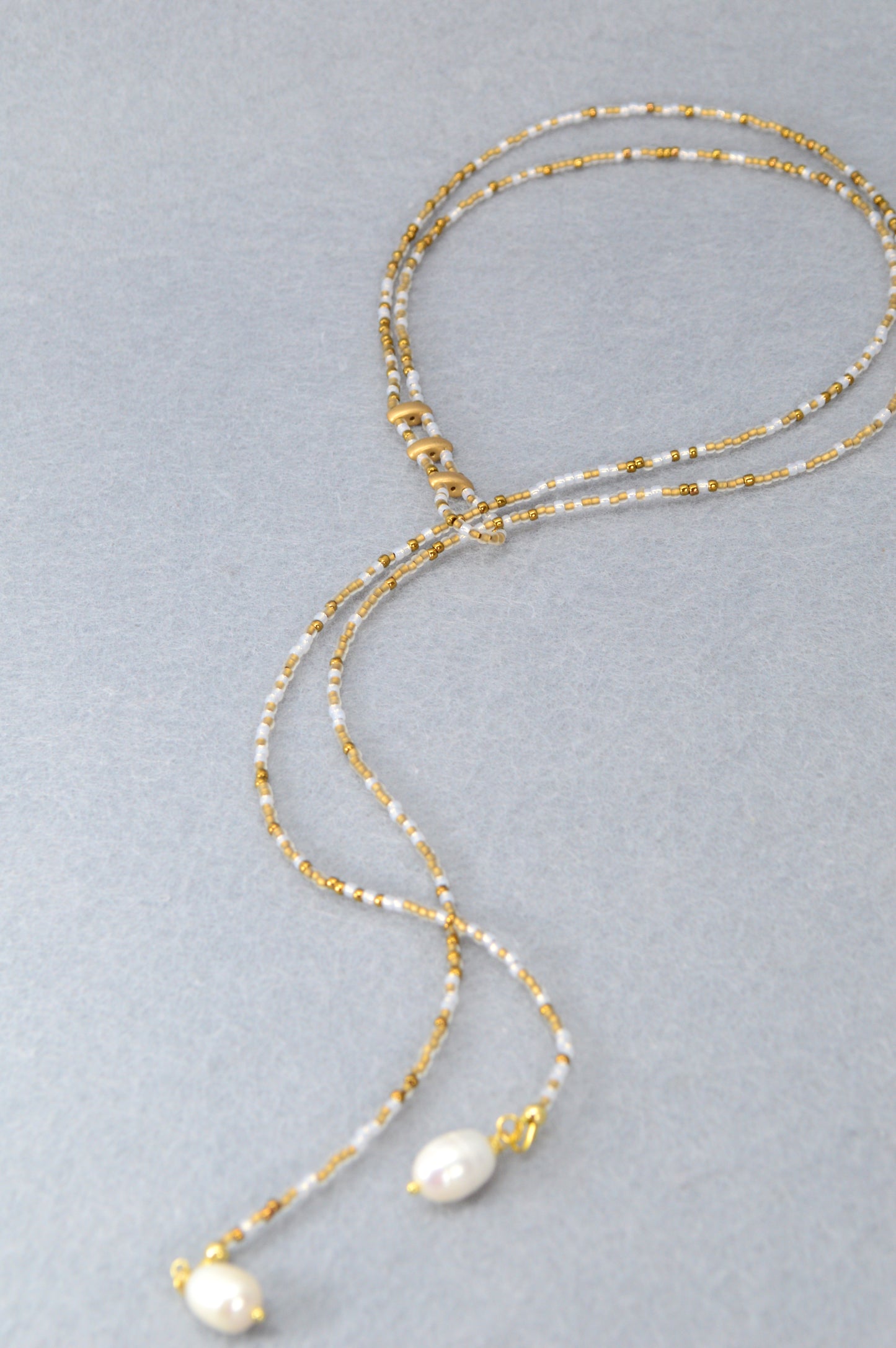 Boho White & Gold Beaded Lariat Necklace with Pearls – 38" Wrap Y Necklace