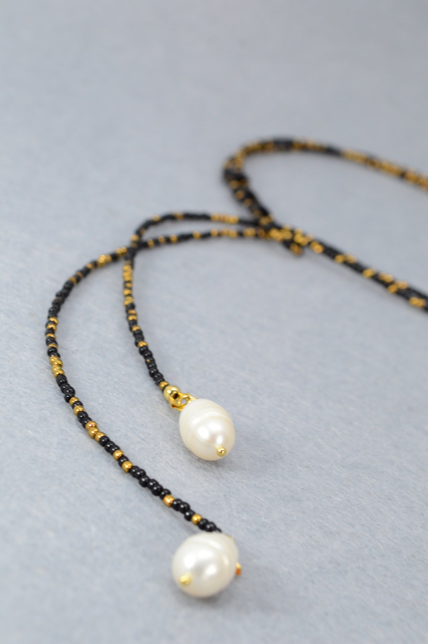 Boho Black & Gold Beaded Lariat Necklace with Pearls – 38" Wrap Y Necklace