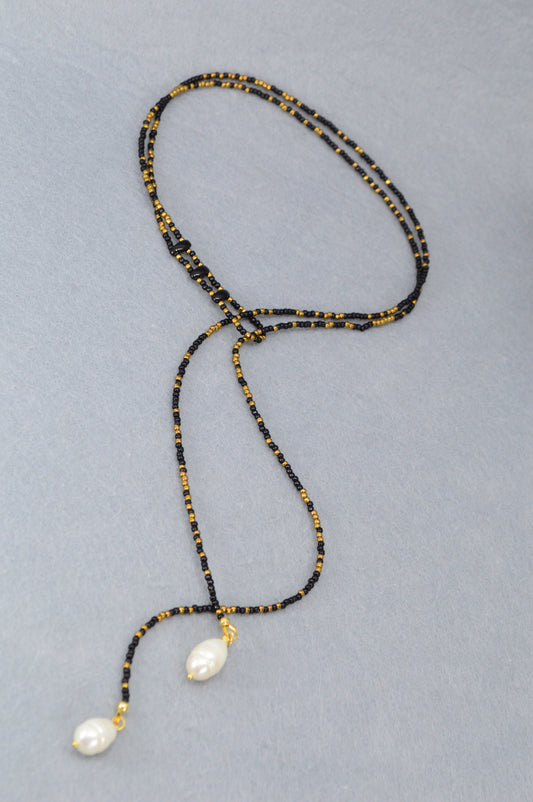 Boho Black & Gold Beaded Lariat Necklace with Pearls – 38" Wrap Y Necklace