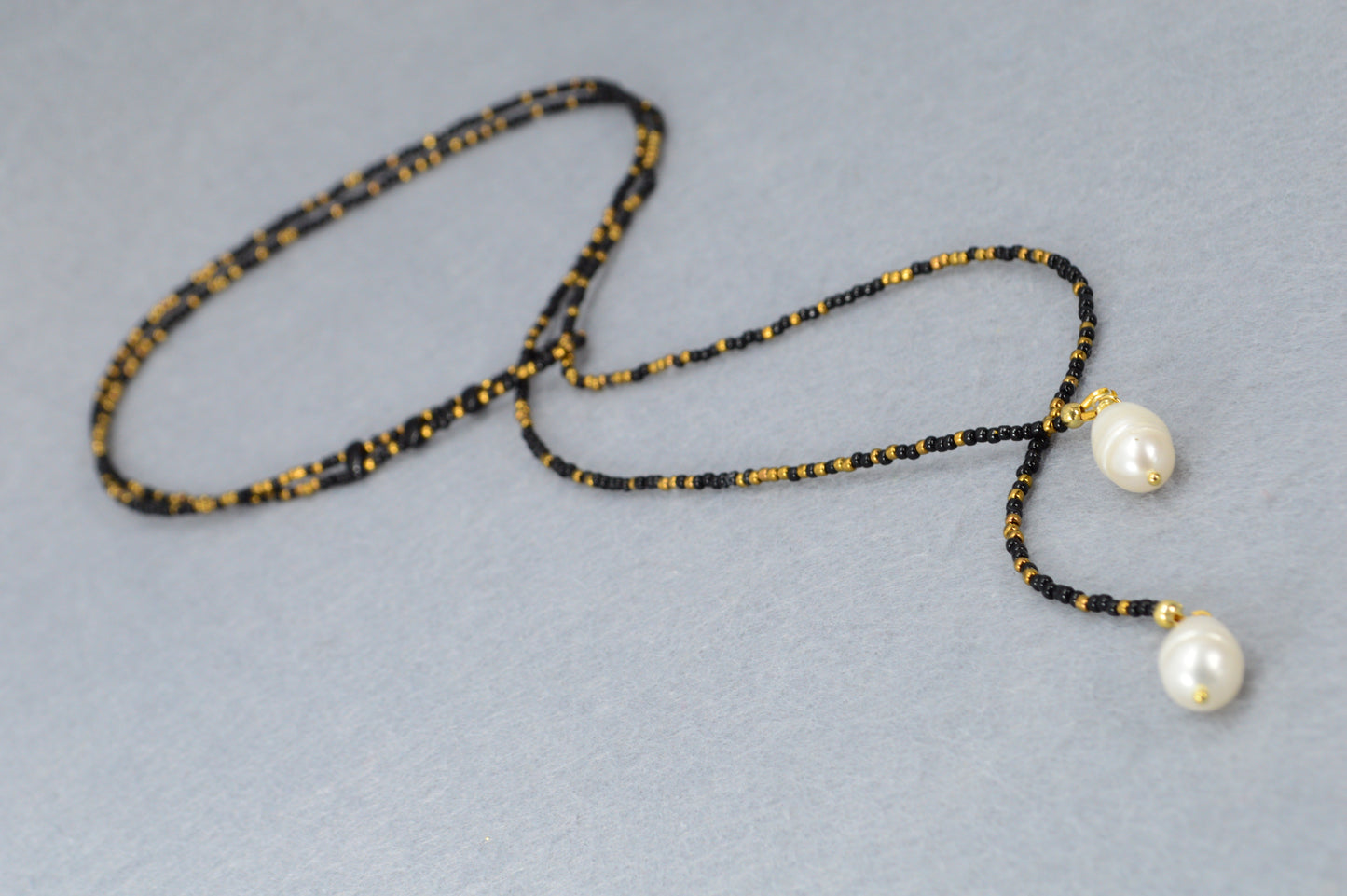 Boho Black & Gold Beaded Lariat Necklace with Pearls – 38" Wrap Y Necklace