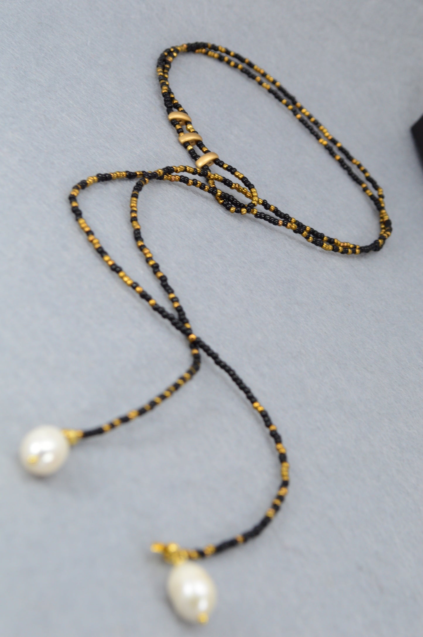 Boho Black & Gold Beaded Lariat Necklace with Pearls – 38" Wrap Y Necklace