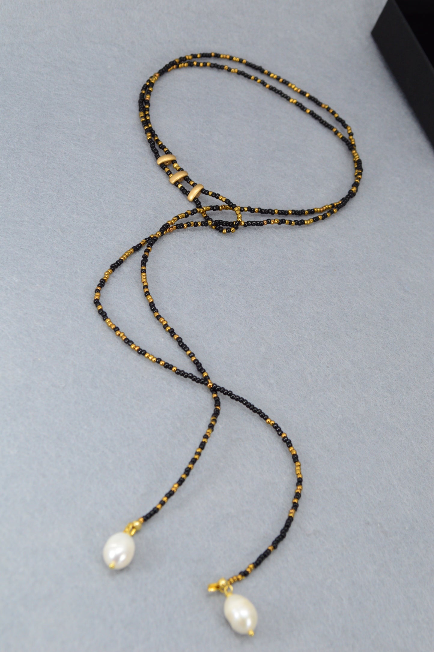 Boho Black & Gold Beaded Lariat Necklace with Pearls – 38" Wrap Y Necklace