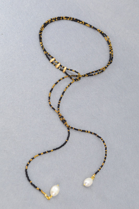 Boho Black & Gold Beaded Lariat Necklace with Pearls – 38" Wrap Y Necklace
