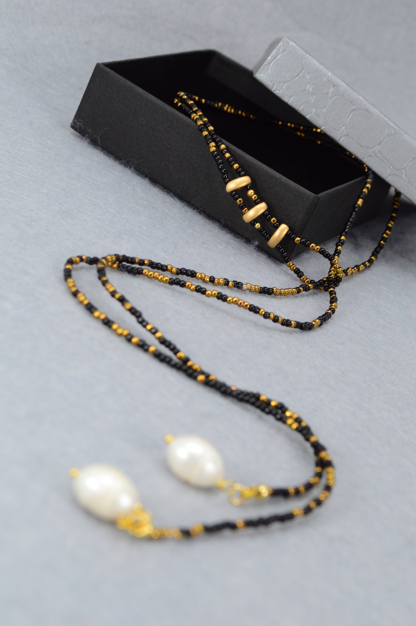 Boho Black & Gold Beaded Lariat Necklace with Pearls – 38" Wrap Y Necklace