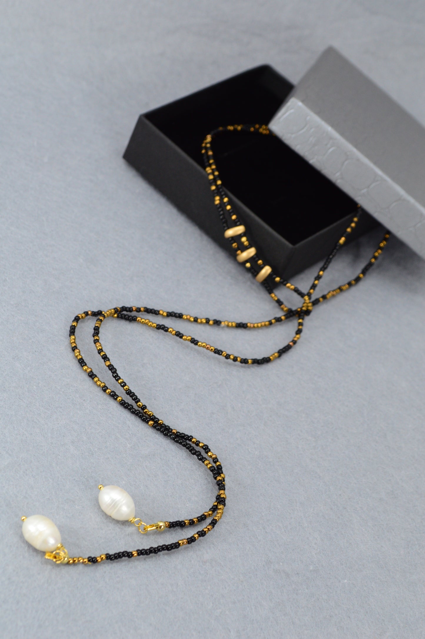 Boho Black & Gold Beaded Lariat Necklace with Pearls – 38" Wrap Y Necklace