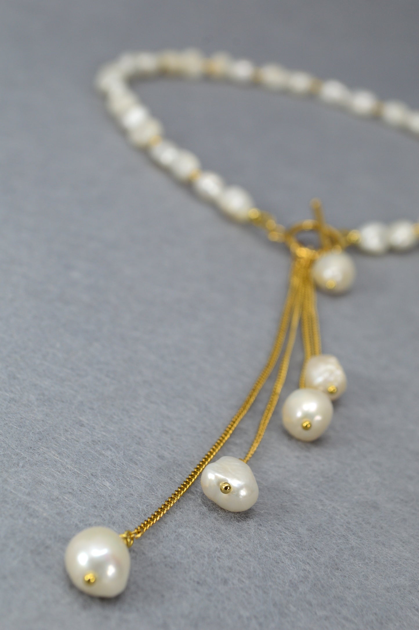 Gold Pearl Tassel Necklace | Freshwater Pearls & Stainless Steel | Toggle-Front Lariat